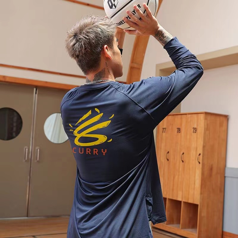库里同款美式篮球长袖训练服运动健身夏季透气宽松圆领吸汗速干男