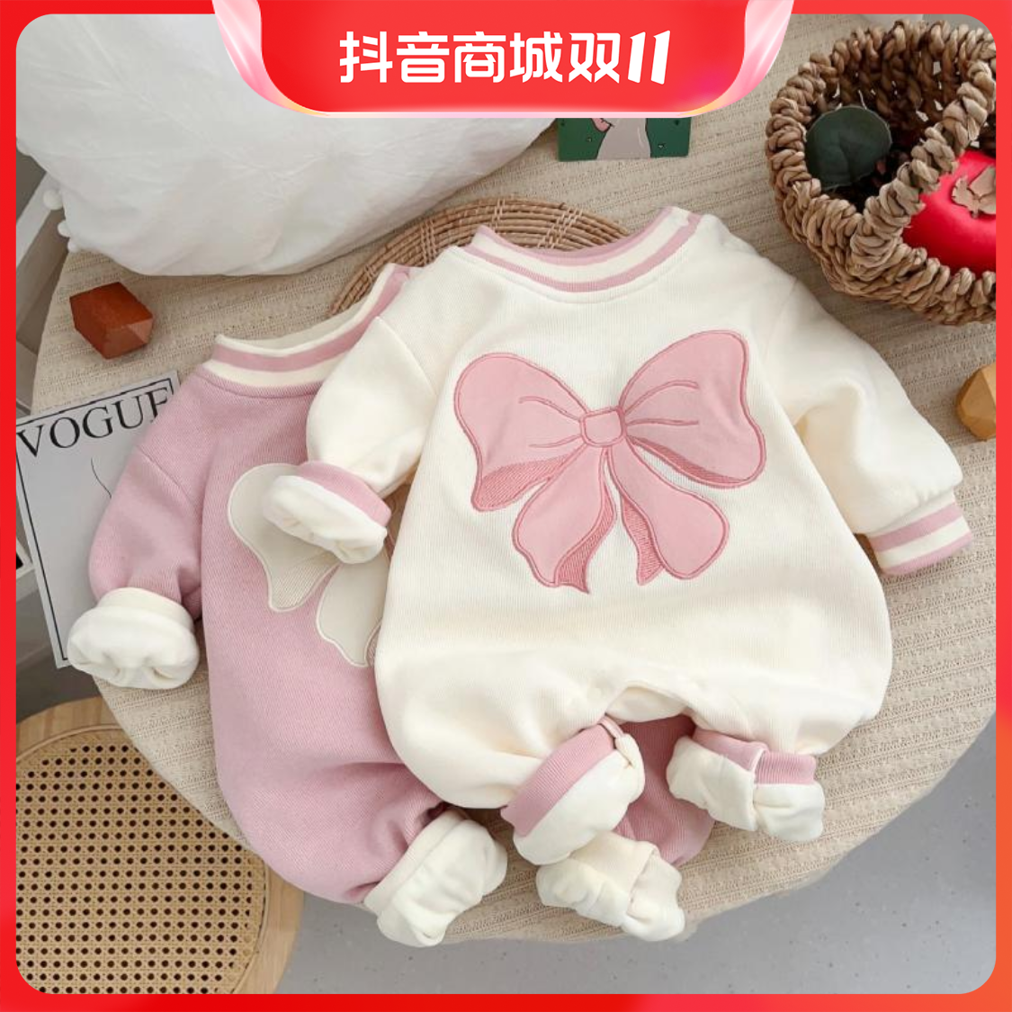 童装潮款女宝宝连体衣冬装加绒加厚哈衣婴儿蝴蝶结公主风长袖爬