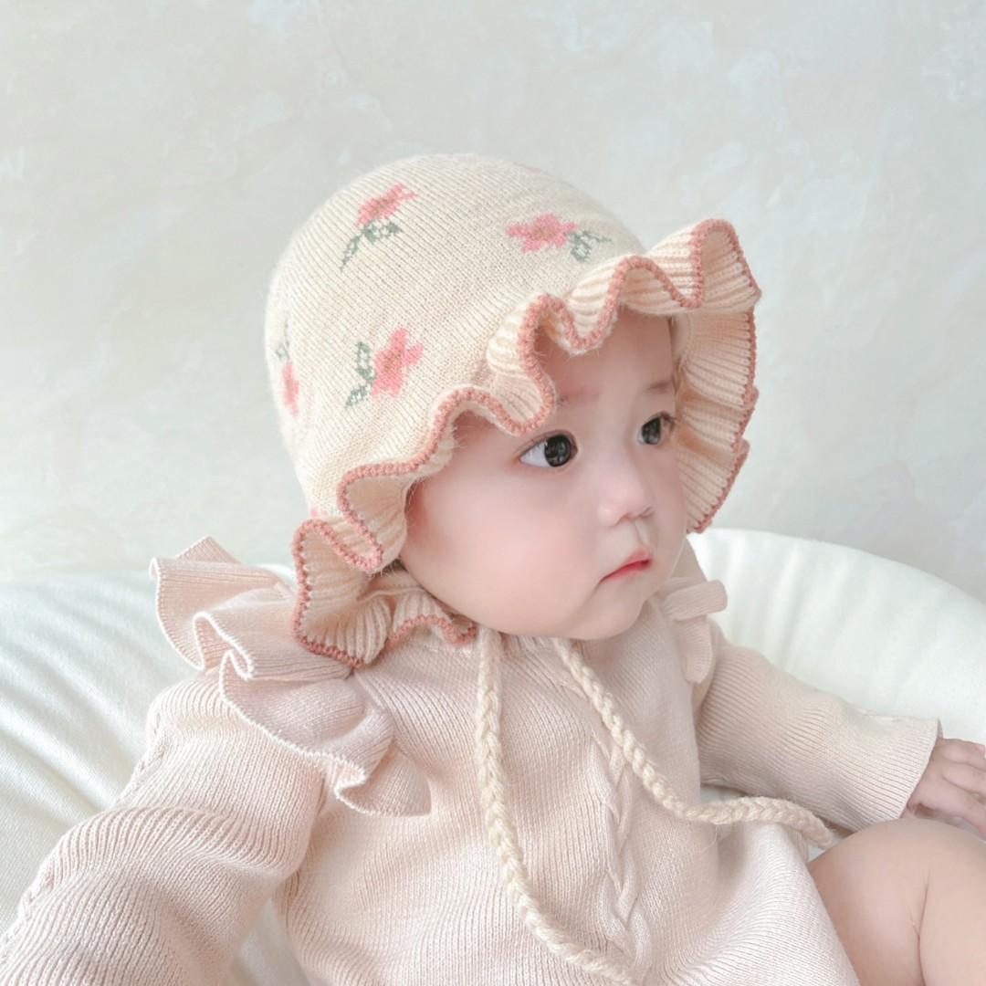 秋季婴儿花边毛线帽针织女宝宝渔夫帽小童甜美公主韩版护耳帽冬天