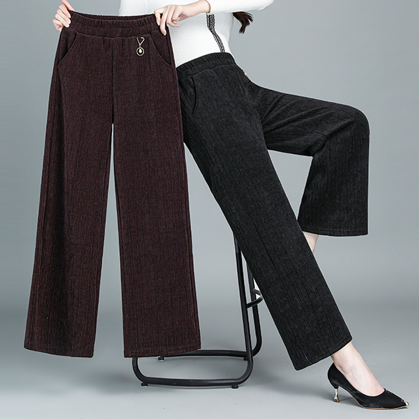 妈妈裤子秋冬加厚雪尼尔中老年女士裤冬款宽松呢子加绒阔腿裤大码