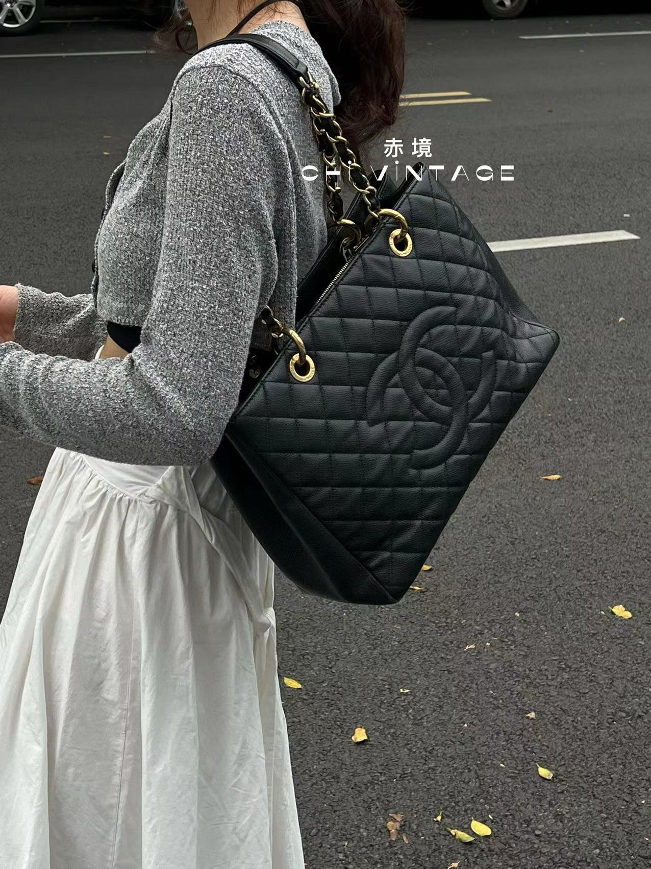 95新 Chanel/香奈儿 6839 黑金荔枝皮gst单肩包中号14