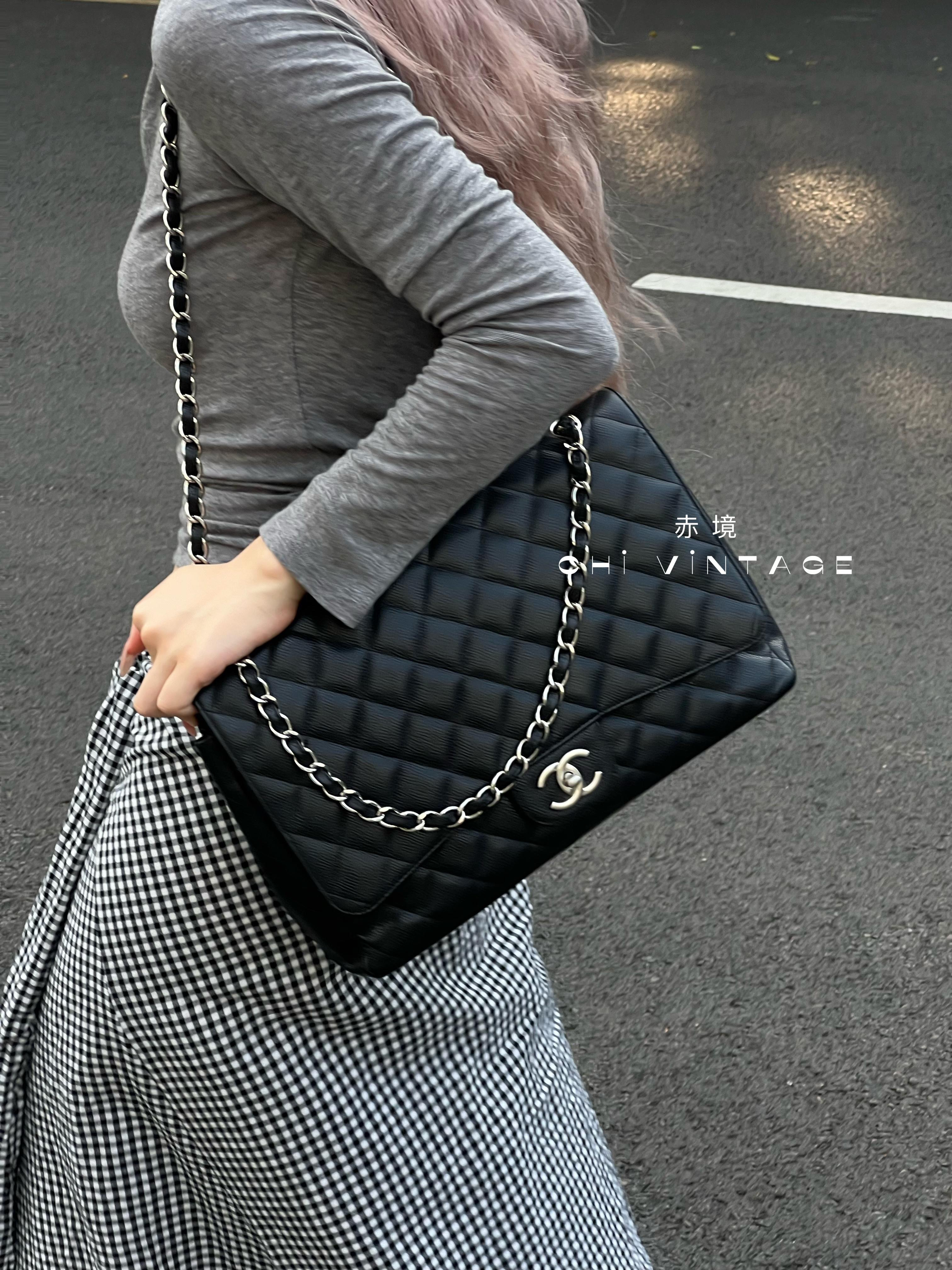 95新 Chanel/香奈儿 5863 黑银荔枝纹cf MAXI单肩包11