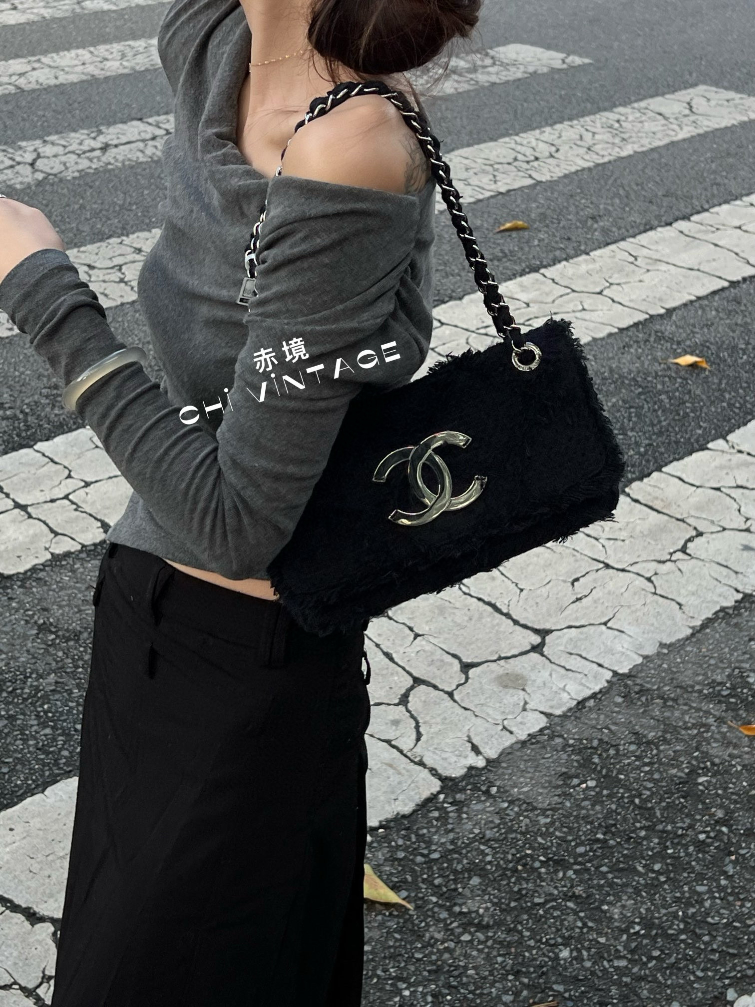 95新 Chanel/香奈儿 1480 藏蓝亚麻编织大logo银扣翻盖单肩09-10