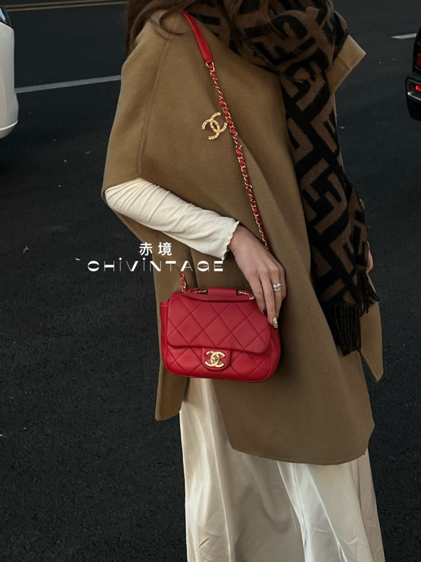 95新 Chanel/香奈儿 2107 红金菱格纹圆环方胖子手提斜挎包19-20