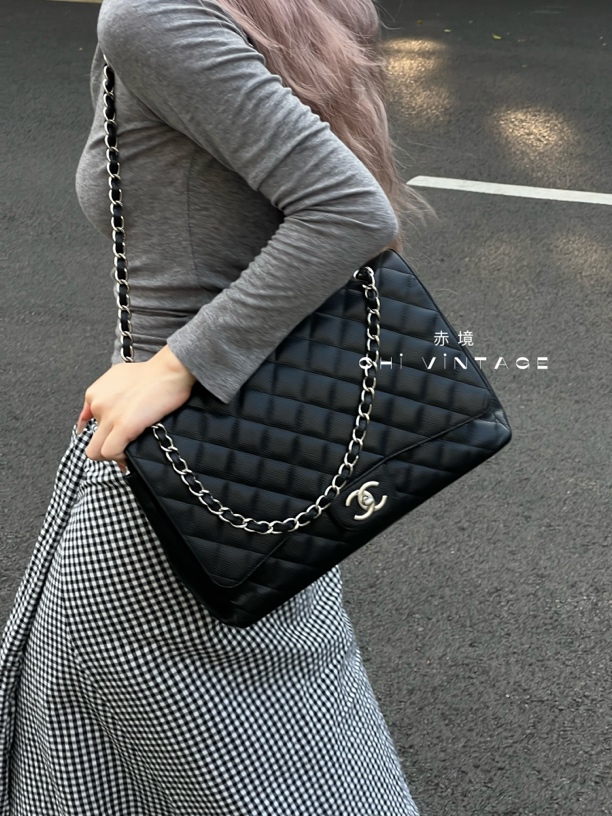 95新 Chanel/香奈儿 5863 黑银荔枝纹cf MAXI单肩包 11
