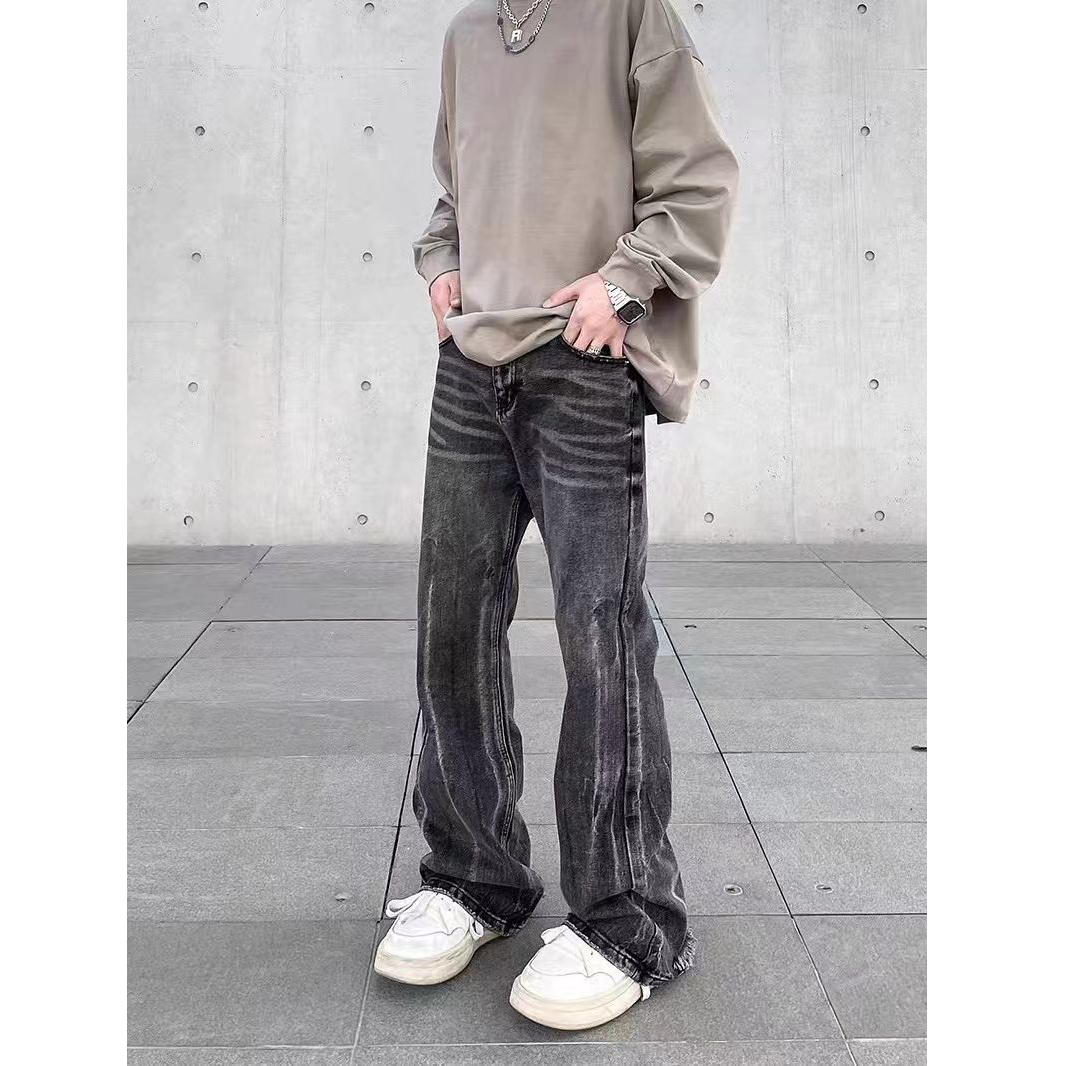 美式高街水洗做旧黑灰色牛仔裤男破坏vintage直筒宽松微喇叭裤子