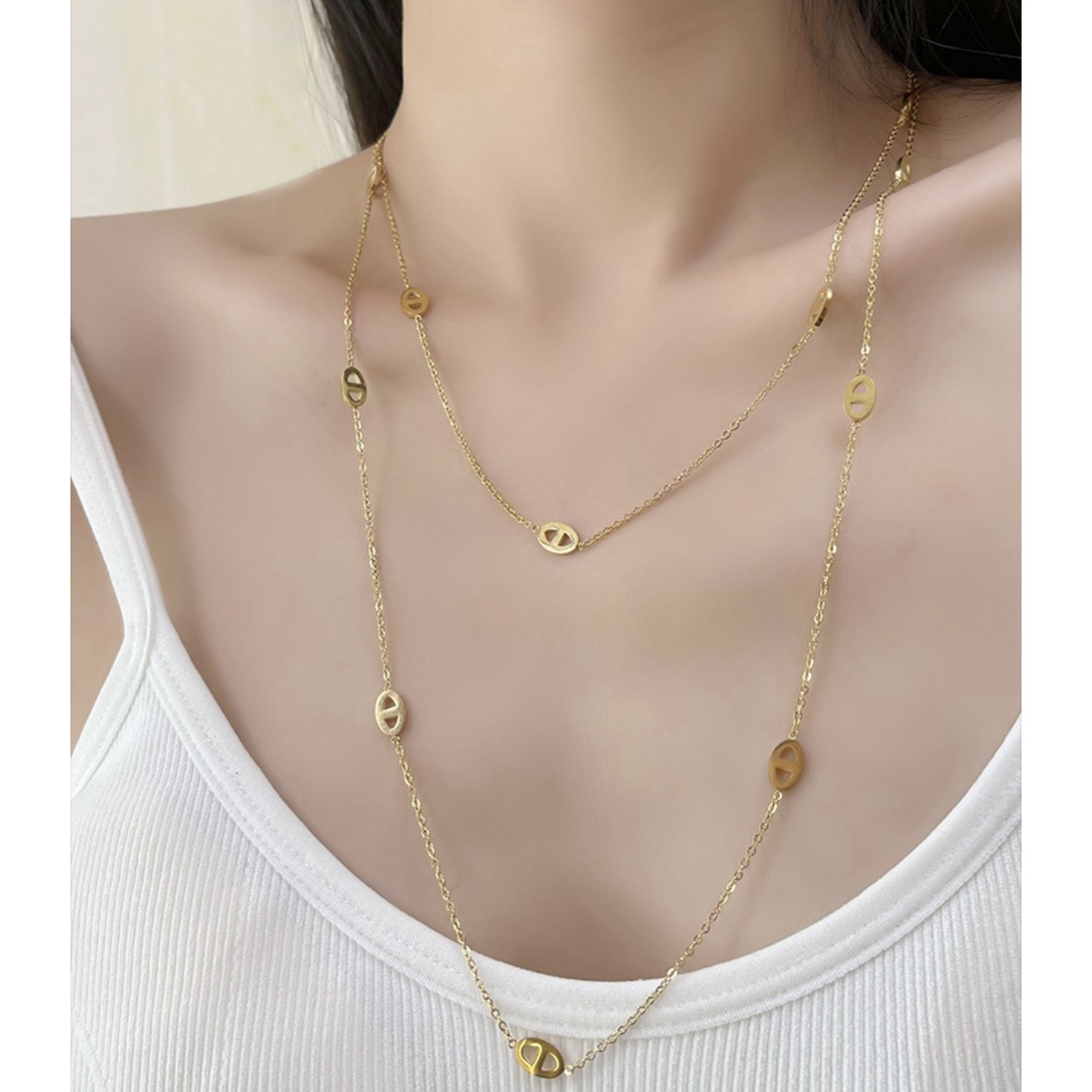 钛钢项链 轻奢长款叠搭猪鼻子毛衣项链简约高级感小众通勤项链