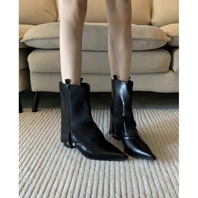 复古时尚尖头裸靴设计感短筒骑士靴女粗跟裤管靴显瘦黑色气质短靴