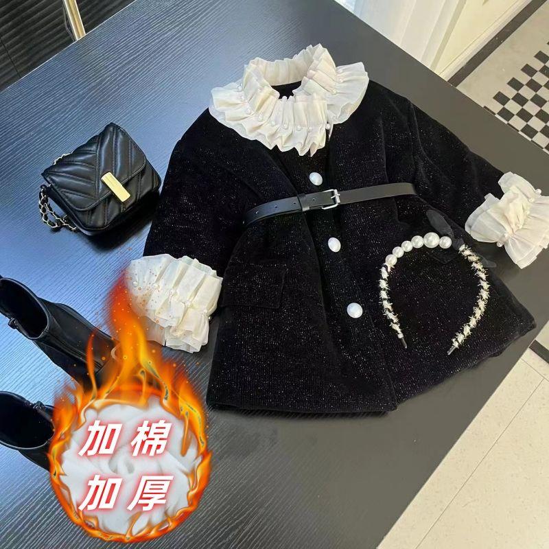 【特价清仓】女童复古花边黑天鹅冬季夹棉加厚外套2023新款儿童冬装
