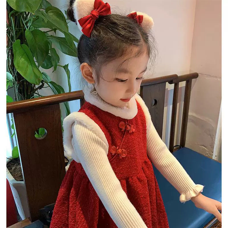 【冬季大促】女童拜年服旗袍儿童兔毛领加绒古装冬款宝宝中国风周