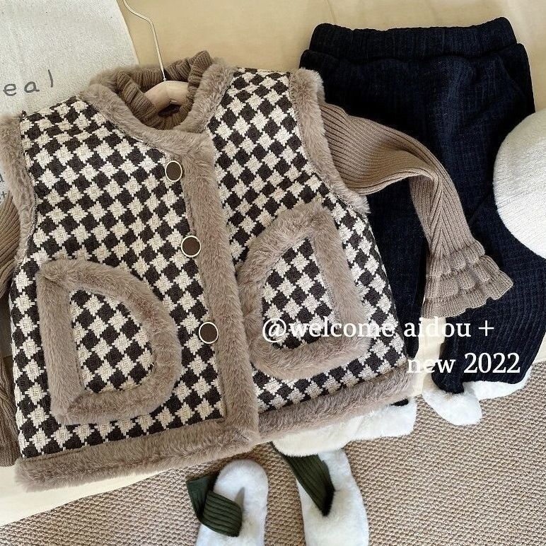 【小扬哥推荐】女童秋冬毛毛马甲2024新款冬款韩版格子加绒外套洋