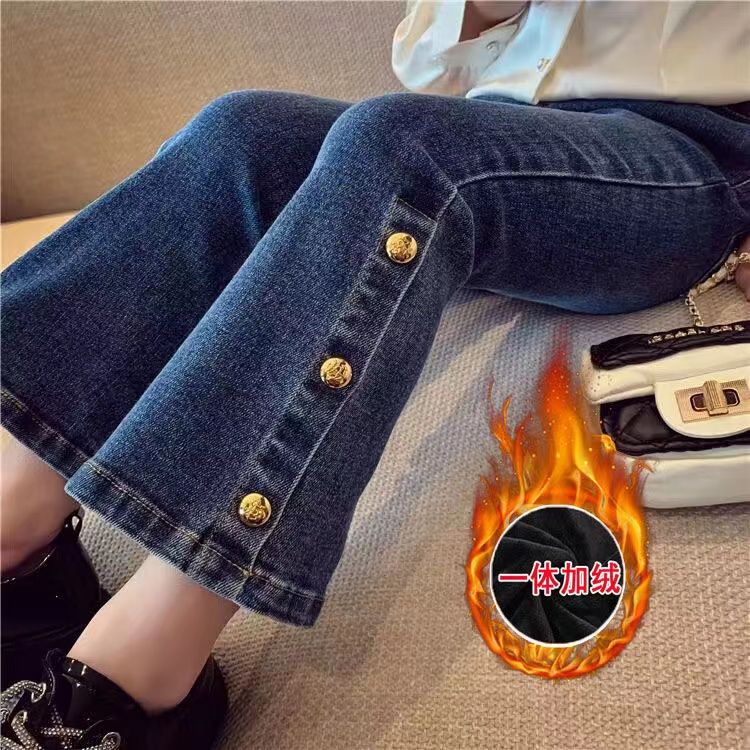 【小扬哥推荐】女童牛仔裤秋冬加绒加厚一体绒喇叭裤中大童儿童裤