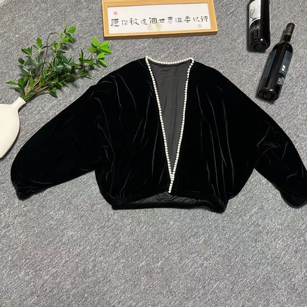 欧货金丝绒重工钉珠上衣女高级感宽松休闲气质洋气短款蝙蝠袖外套