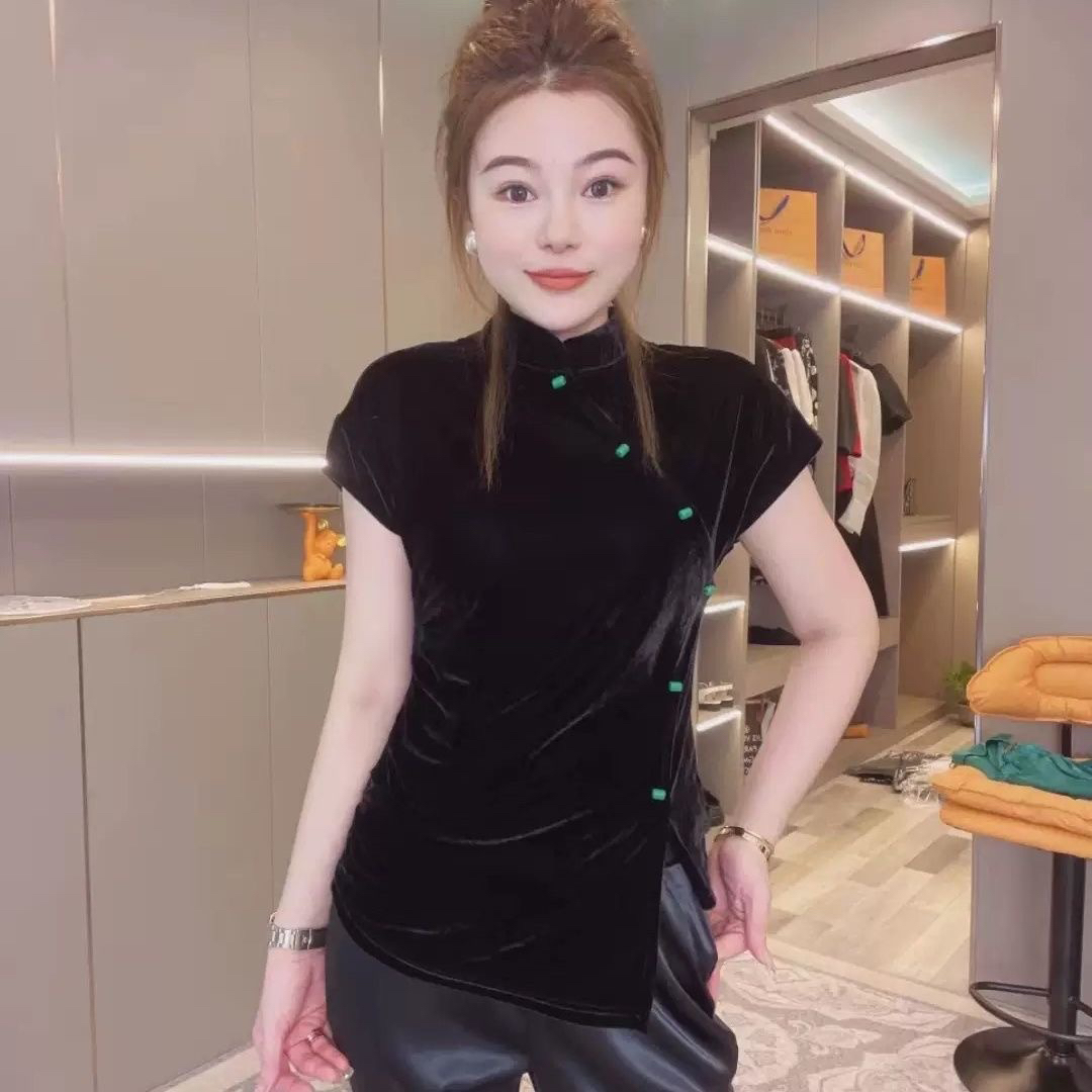 金丝绒时尚打底衫女2023夏新款斜扣侧开叉设计气质半袖修身上衣