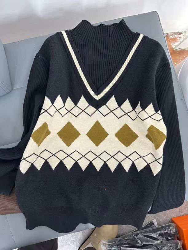 890毛衣针织衫洋气宽松菱形韩版秋冬上衣套头百搭菱格冬季撞色