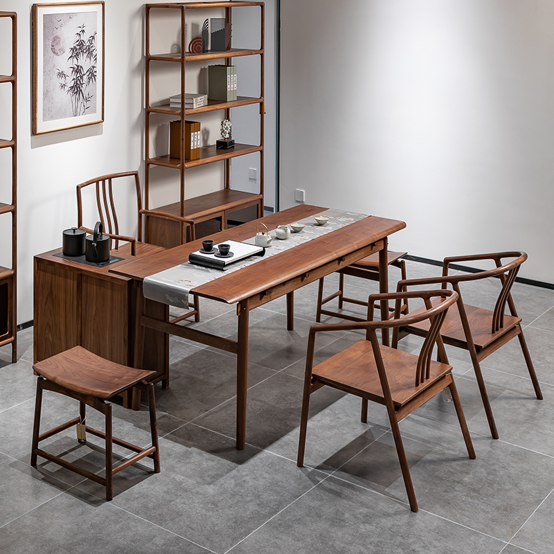 茶桌北美黑胡桃木新中式茶桌椅组合禅意茶台办公室茶室实木泡茶桌