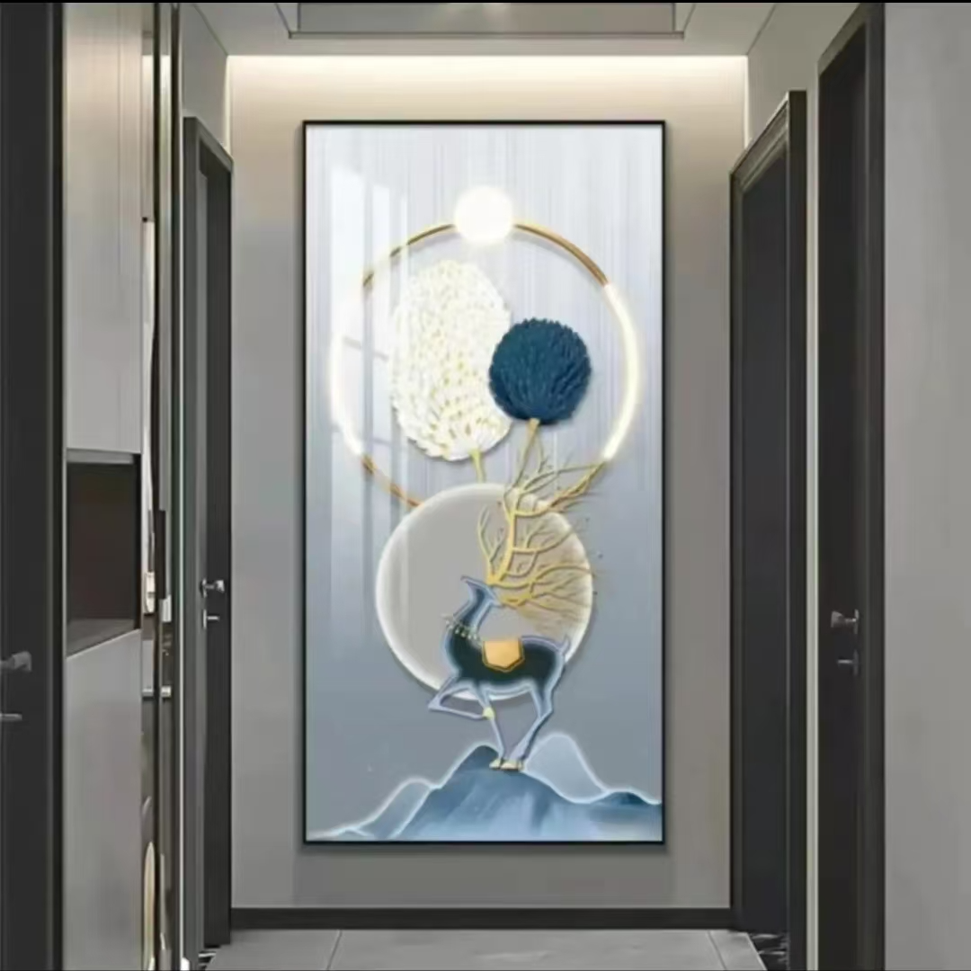 镶钻201【新羽鹿高升】pvc边框晶瓷玄关挂画走廊过道装饰画捡漏