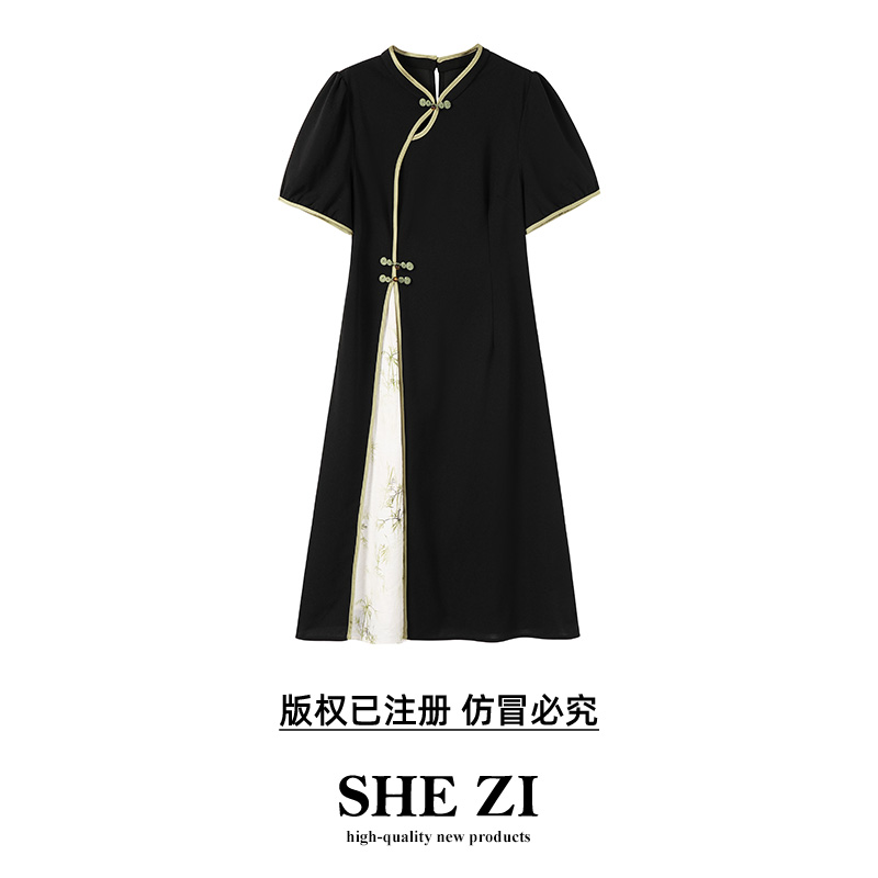 【一叶扁舟】2024夏季新款大码女装立领时尚旗袍胖妹妹印花连衣裙