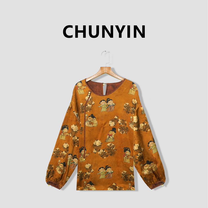 李心儿【金唐人】新中式国风设计师提花时尚长袖上衣T恤25883新