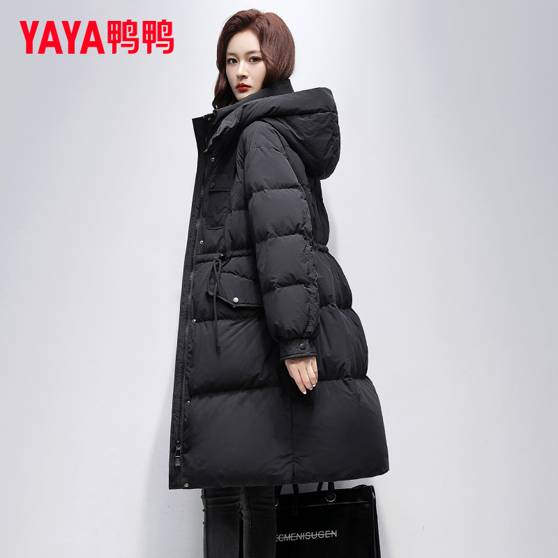 YAYA/鸭鸭长款羽绒服女士时尚连帽宽松防风收腰显瘦加厚保暖外套