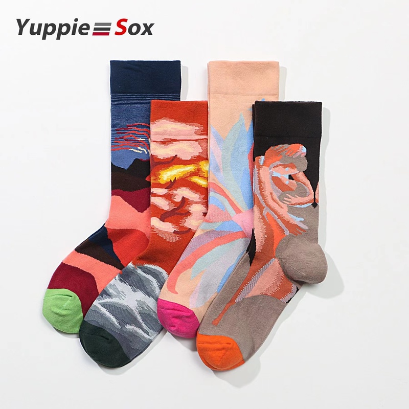 【4双装】新款法国潮牌棉袜子提花网红潮流休闲欧美中筒款潮袜时尚