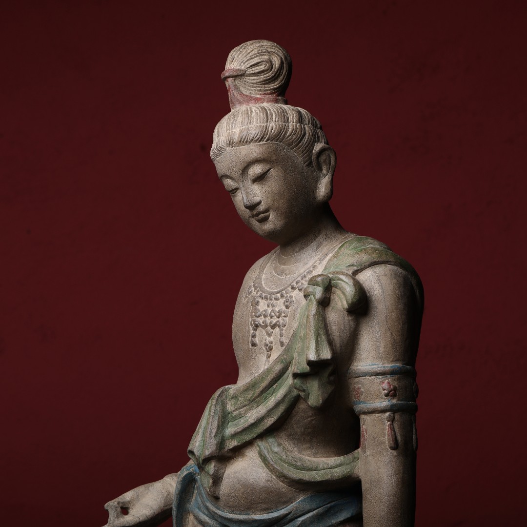 敦煌胁侍菩萨石雕摆件青石原石手工雕刻仿古彩绘左持右持禅意