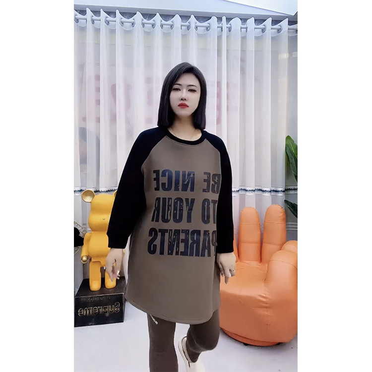 欧货2023秋冬宽松大版撞色圆领套头长袖加厚上衣女中长款上衣潮