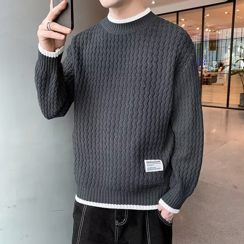 秋冬季男士加绒加厚假两件毛衣内搭宽松半高领保暖百搭打底针织衫