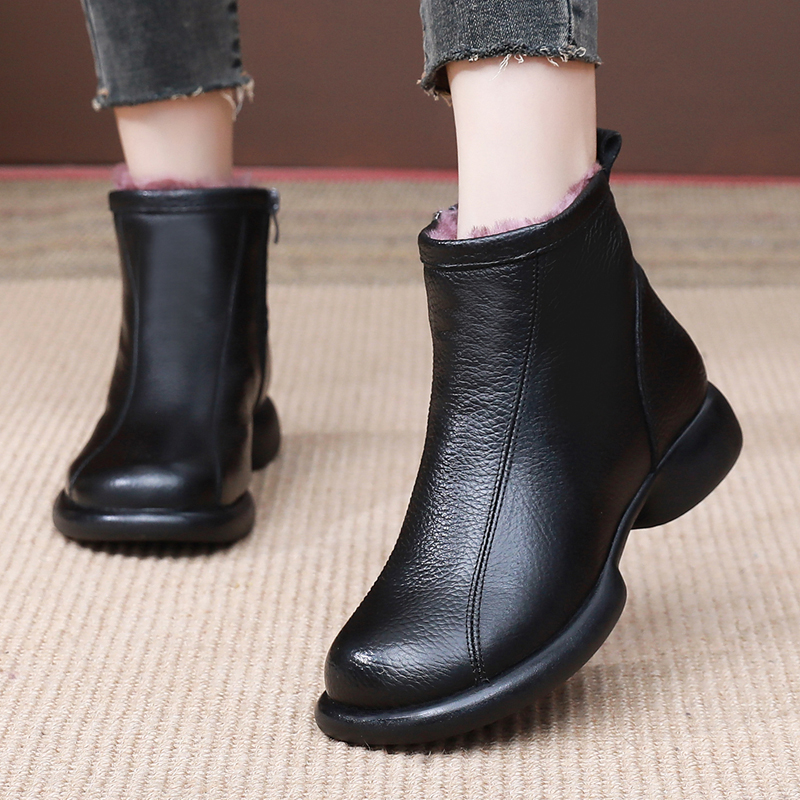 正品真皮皮毛一体马丁靴女软面软底加厚保暖妈妈鞋冬季牛皮女鞋