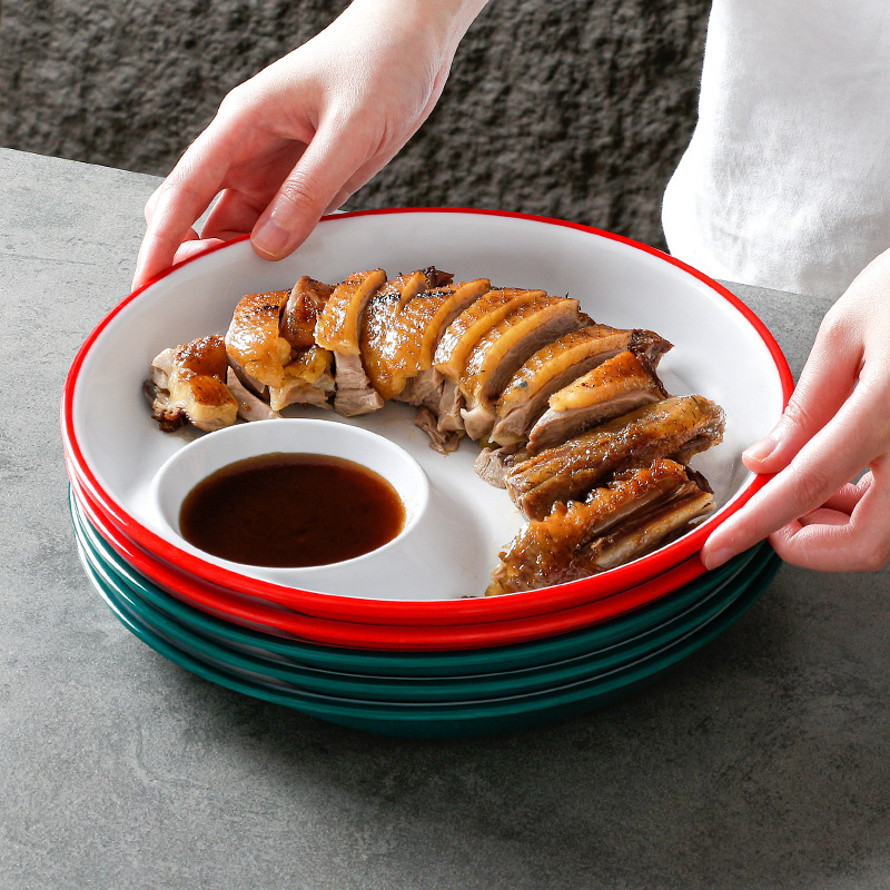 饺子带蘸料分格盘密胺双格盘子快餐店餐厅卤水鸭翅拼盘烧鸡烧鸭碟