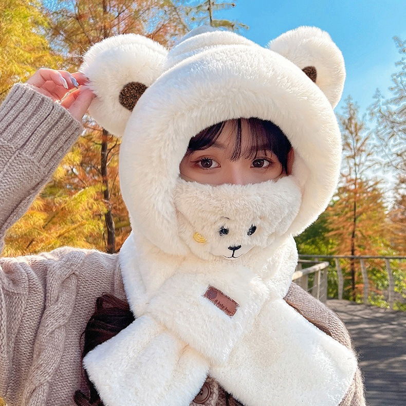 小熊帽子围巾一体女秋冬季百搭2023年骑车可爱保暖连帽毛绒围巾帽