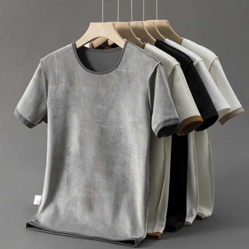 加绒加厚冬季半袖打底衫保暖男t恤纯色圆领短袖内穿修身体恤上衣I