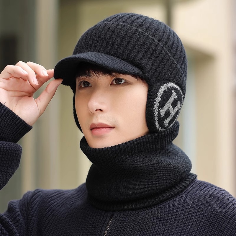 男士秋冬加绒保暖针织鸭舌帽子秋冬防寒保暖围脖套户外骑行毛线帽