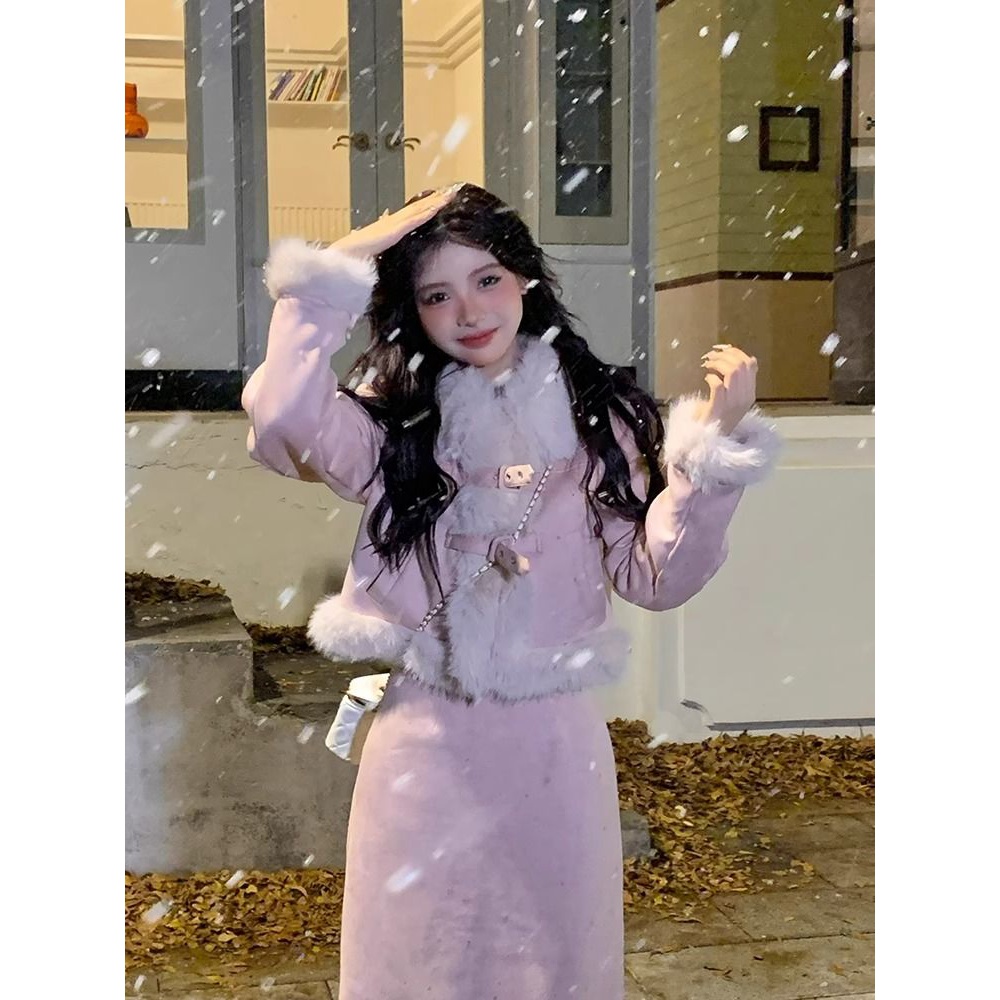 大码胖mm秋冬保暖加厚毛绒外套半身裙两件套复古高级感套装200斤