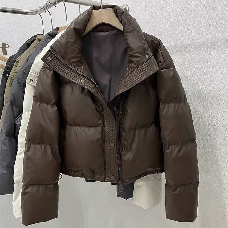 免洗pu皮服女短款23新款冬季加厚立领面包服小个子肯豆外套