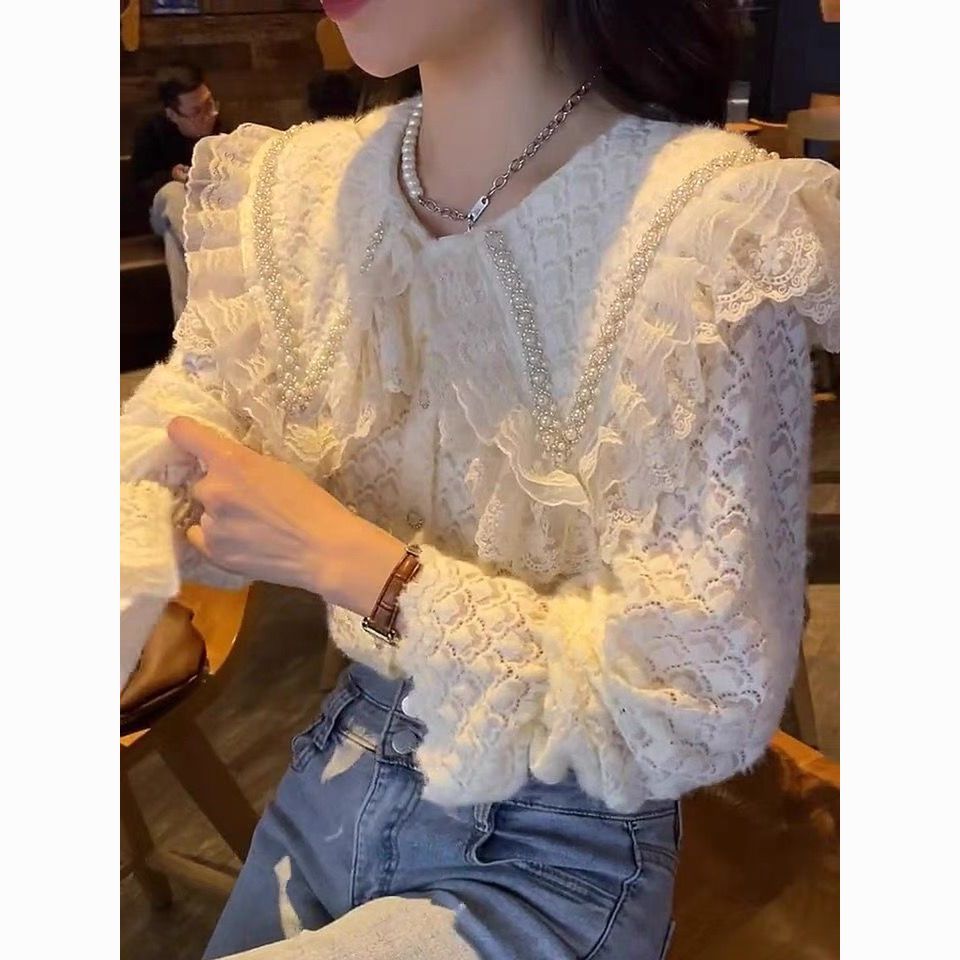 2023法式新款甜美风时尚钩花镂空蕾丝打底衫娃娃领秋冬款上衣