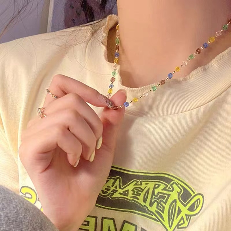 铜合金项链 梅姐饰品95 彩色方块串珠项链女轻奢小众设计感锁骨链