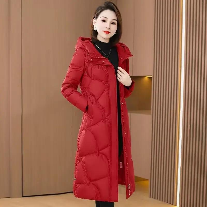 2023冬季新款羽绒服女中长款加厚时尚过膝修身显瘦连帽红色 羽绒