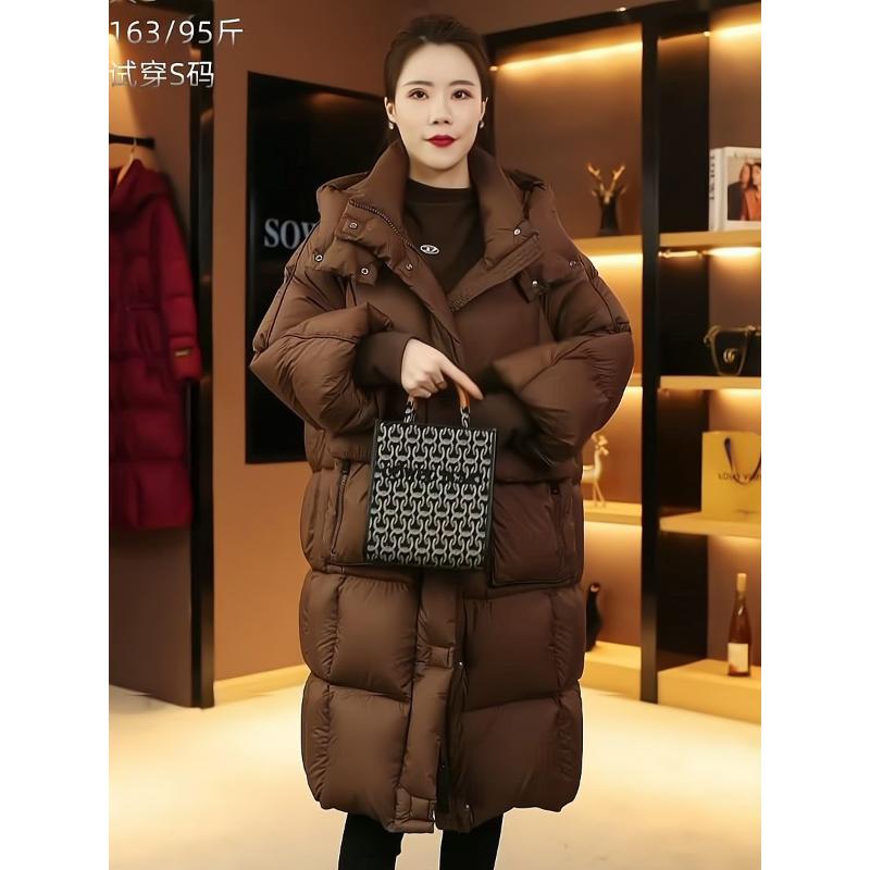 90白鸭绒羽绒服女设计感连帽防风袖口23冬新款中长宽松保暖美拉德