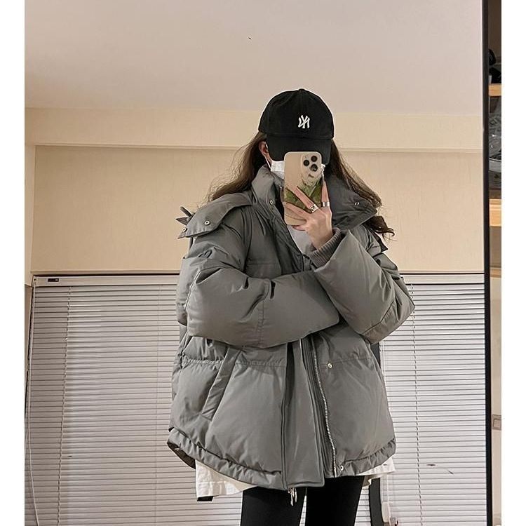 新款2023羽绒服灰色爱心短款羽绒服年新款男女情侣加厚小众设计感