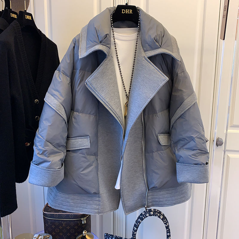 2023秋冬新款设计感太空领拼接中长款加绒加厚拼接棉服外套女