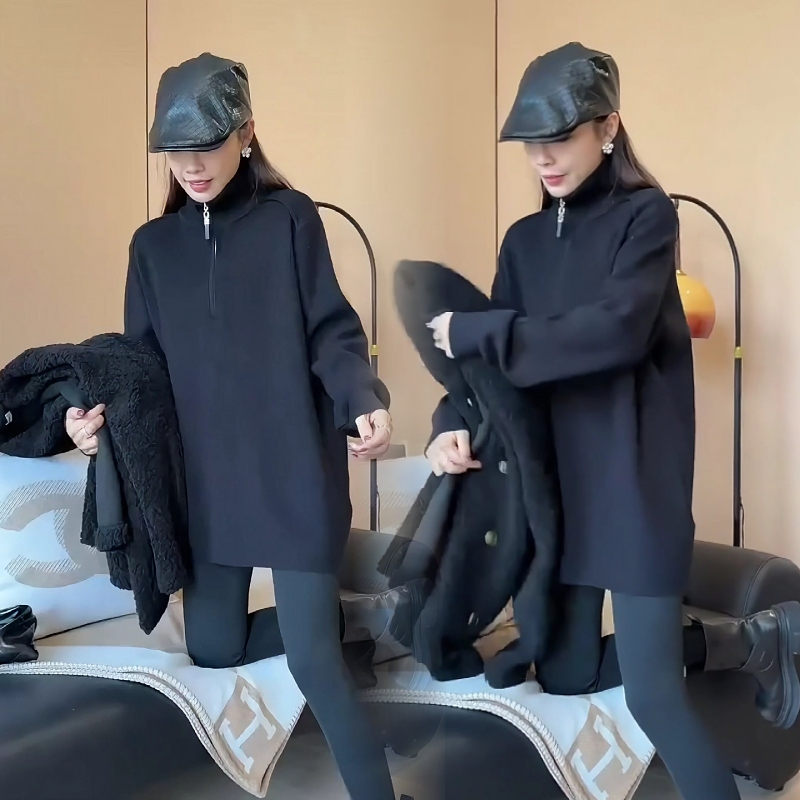 新款洋气中长款半拉链高领宽松休闲长袖宽松套头百搭毛衣显瘦女装