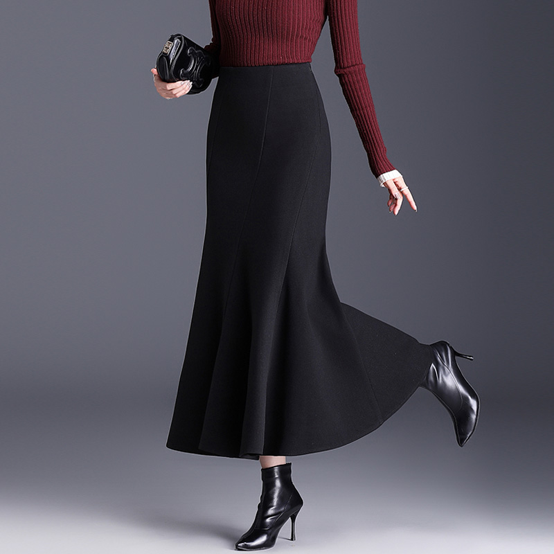 高腰气质毛呢鱼尾裙女秋冬显瘦包臀长裙黑色半身裙2025裙子包臀裙