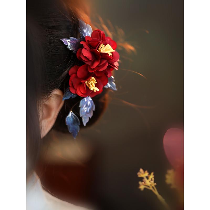 汉服女款头饰古典国风红色山茶花复古发夹森系唐风发饰侧边古风