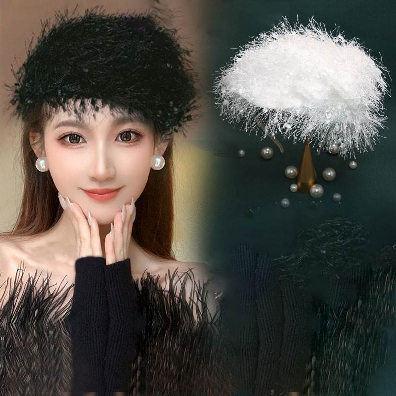 女士新款帽子法式复古小帽子羽毛发箍黑色洋气发卡韩版发饰显年轻