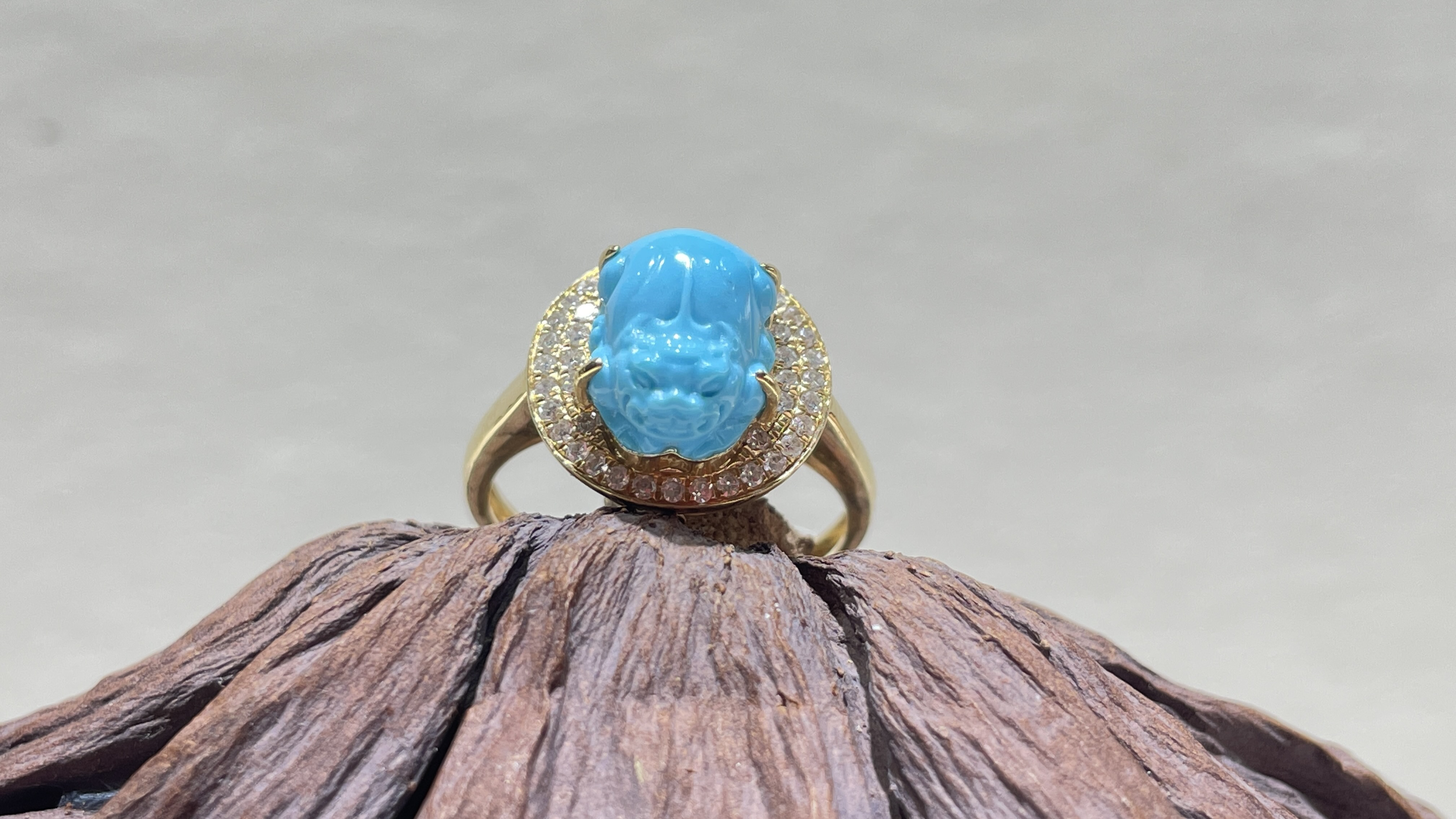 18K金钻石绿松石高瓷蓝玉化貔貅戒指聚宝盆