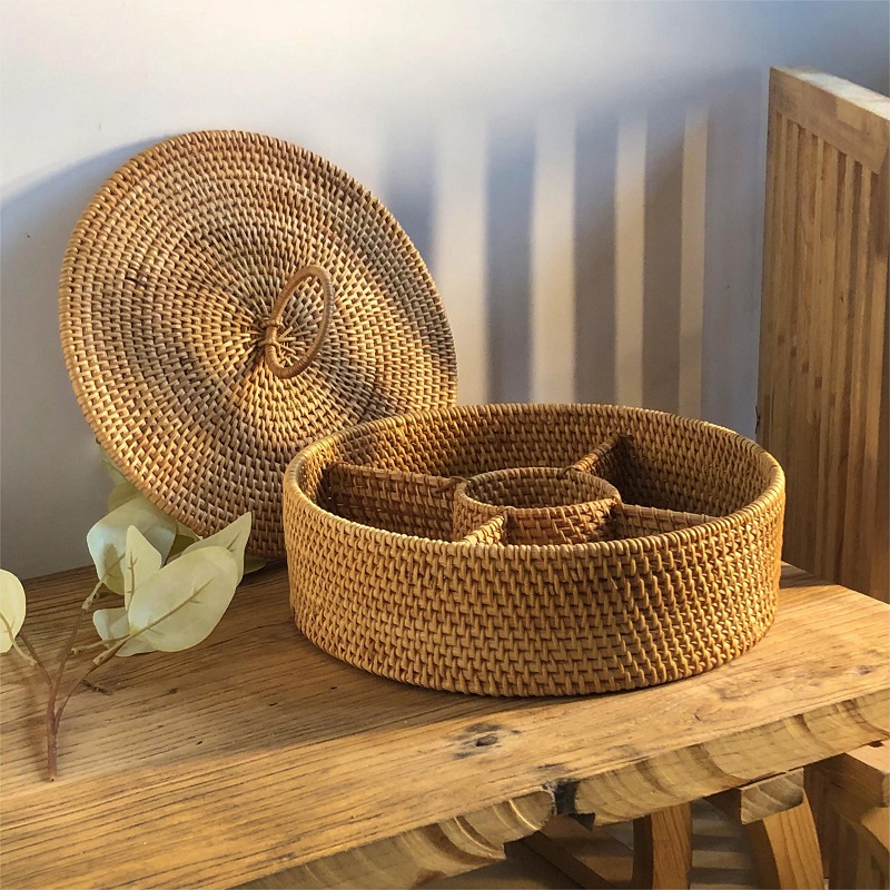 025植物真藤藤编手工编织五格果盒家用水果篮水果盘带盖干果盘