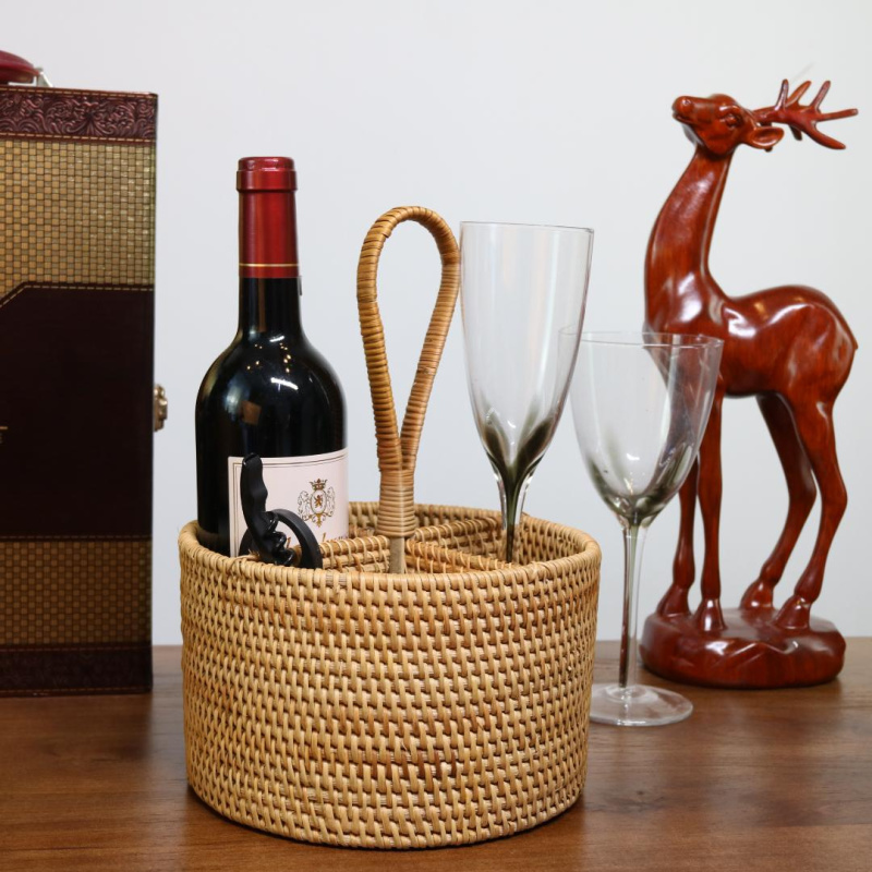 TB111藤编圆形四格提手客厅复古北欧收纳架尺寸：20*28cm