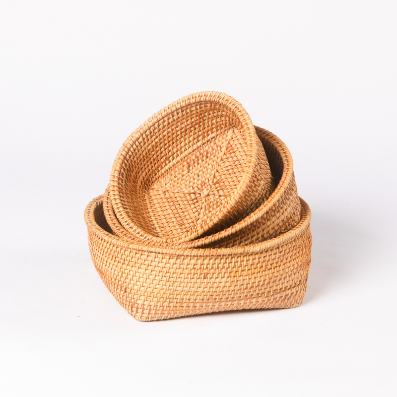 越南秋藤编织天圆地方水果收纳篮三件套