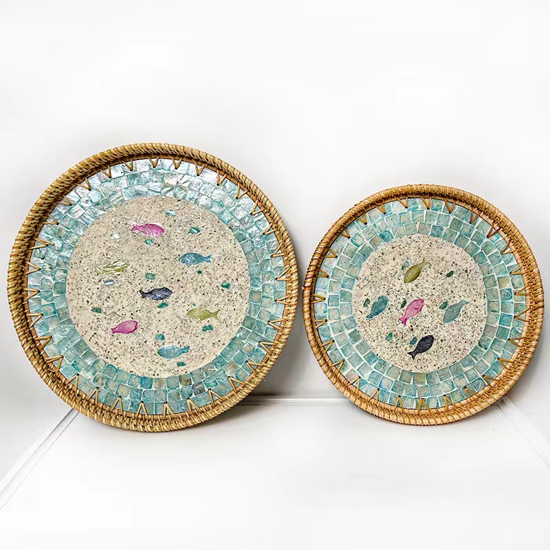 TB080越南手工藤编收纳盘创意家用青五色鱼托盘两件套